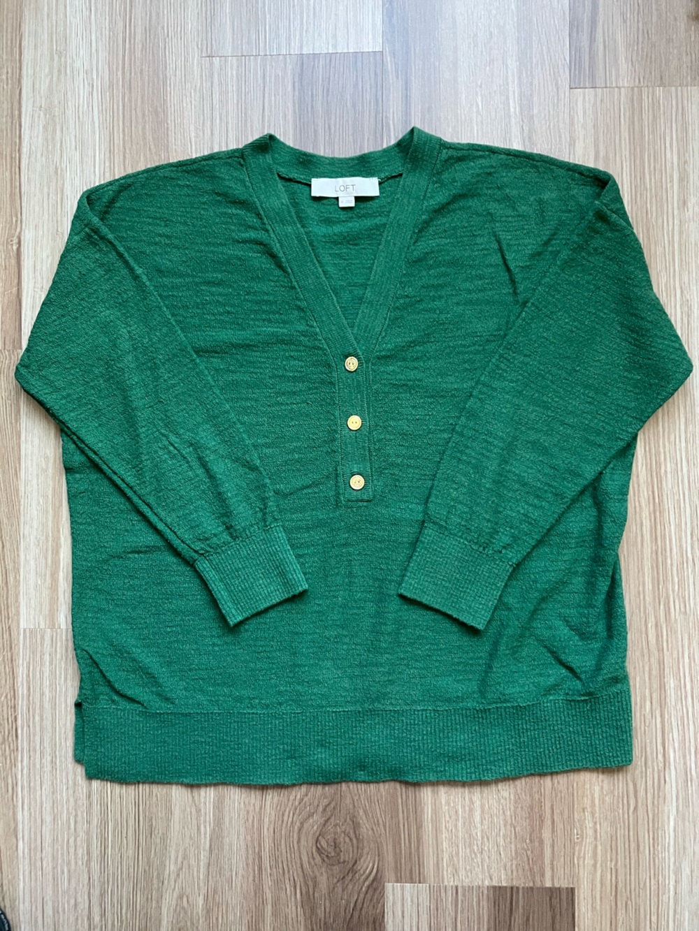 LOFT Green V-Neck Pullover Sweater with Gold Buttons